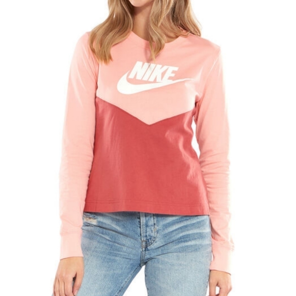 Nike Pink Heritage Chevron Color Block Graphic Logo Long Sleeve Shirt